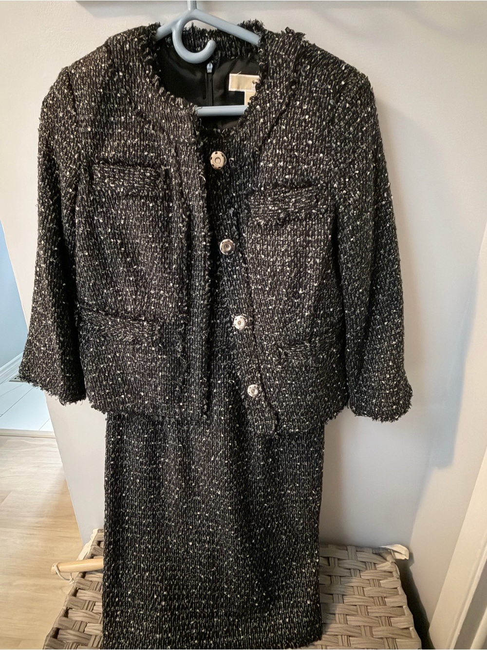 MICHAEL Michael Kors Black Ivory Tweed Bouclé Fringe Jacket & Dress Suit Set